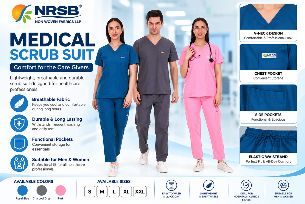 NRSB medical scrub suits for men and women in blue, grey and pink