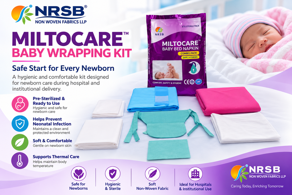 NRSB MiltoCare baby wrapping kit with newborn care textiles and packaged baby care products