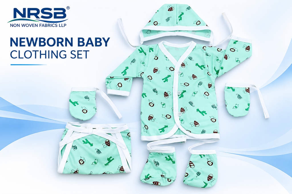 NRSB newborn baby clothing set with printed baby gown, cap, mittens, booties and matching cloth items