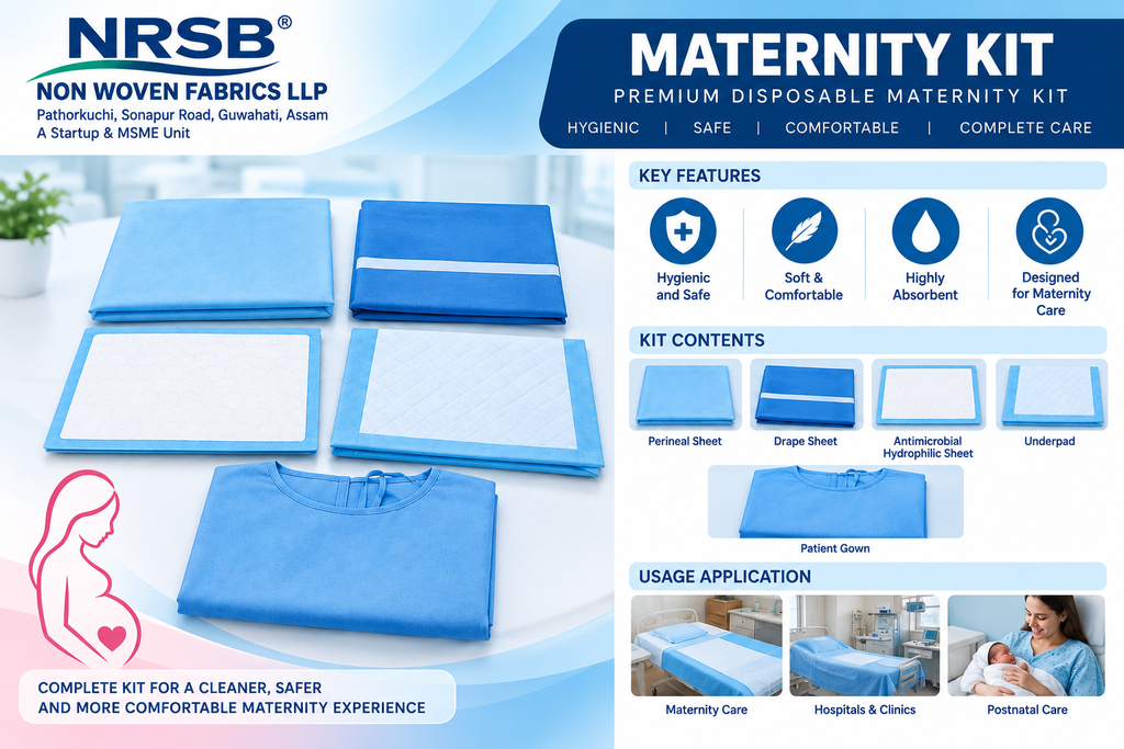 NRSB disposable maternity kit with surgical sheets, drape sheet, underpad and patient gown